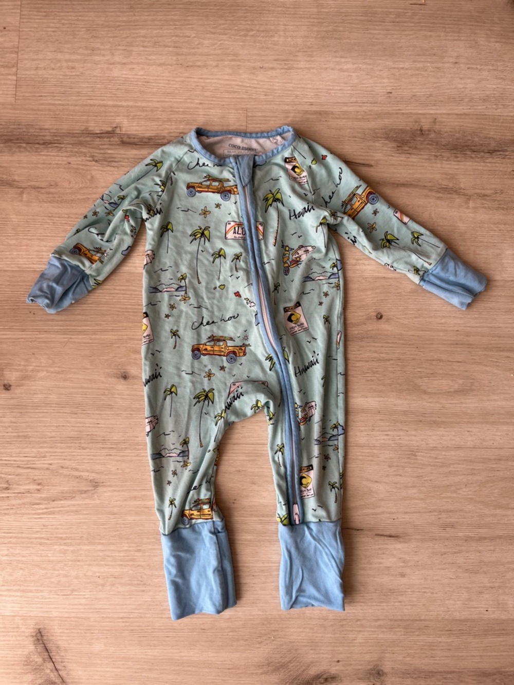 Coco moon Mint Green Palm & Car Print Footed One-Piece with Blue Trim